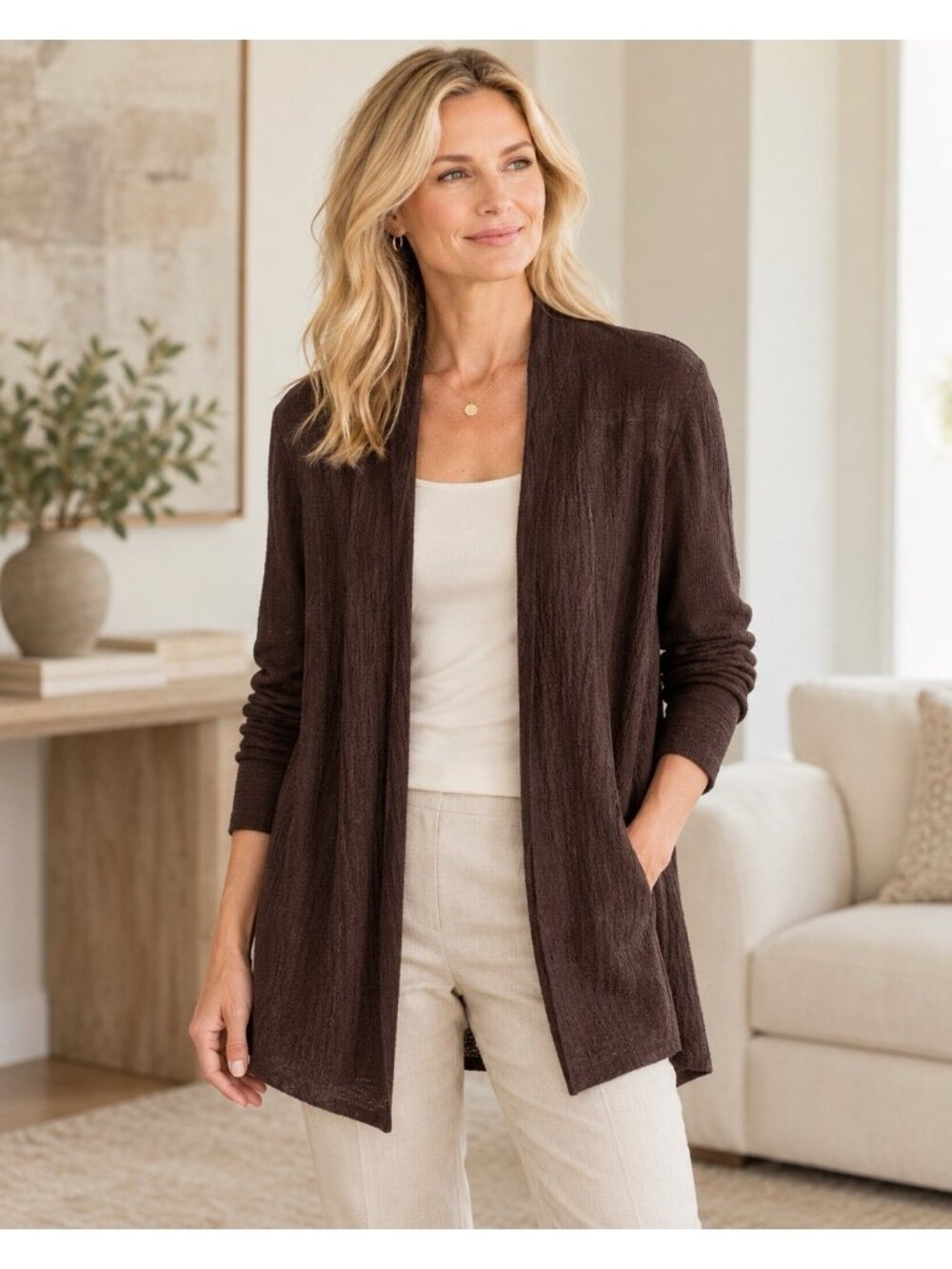 Eileen Fisher Cardigan Women’s SZ Small Brown Textured Knit Open Front Sweater